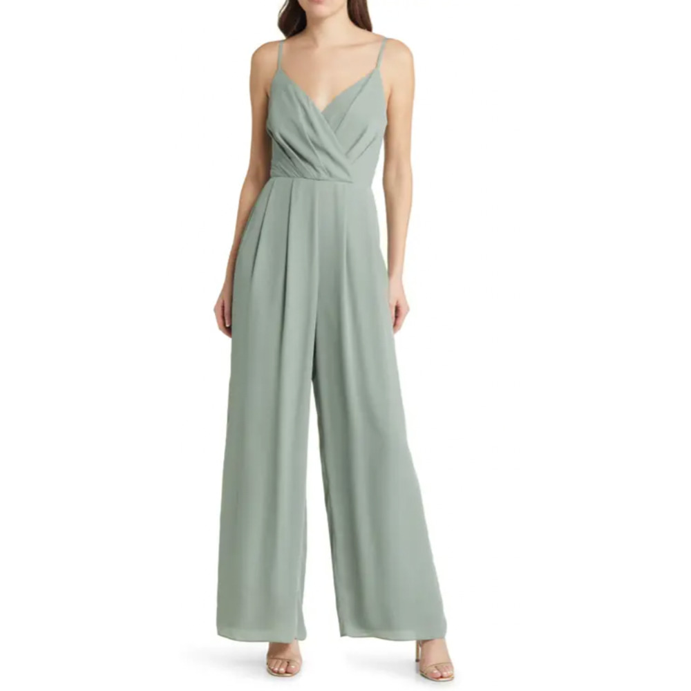 LuLus-Call for Me Faux Wrap Jumpsuit in Sage Green-XS